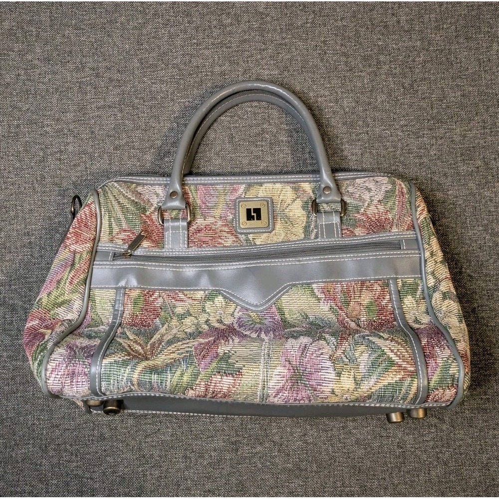 VINTAGE LEISURE FLORAL & TAN LUGGAGE CARRYON DUFFEL WEEKEND OVERNIGHT TRAVEL BAG